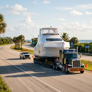 Yacht Transporters hauling an oversize boat on a trailer, highlighting permits and spring route planning to Florida