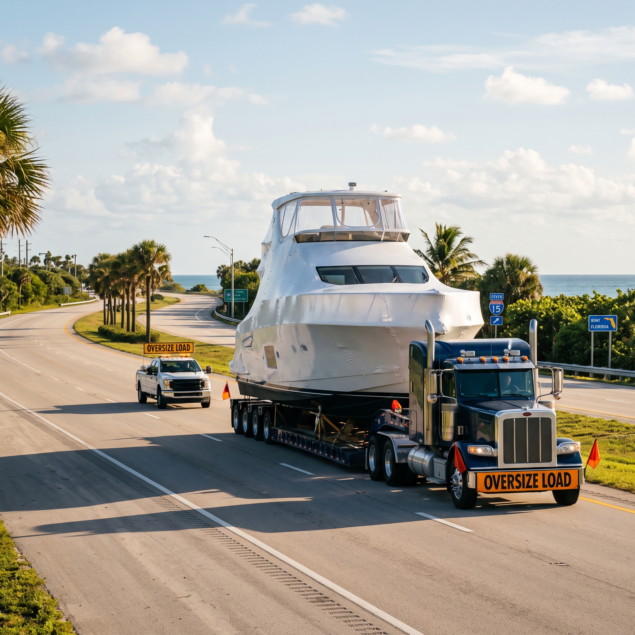Yacht Transporters hauling an oversize boat on a trailer, highlighting permits and spring route planning to Florida