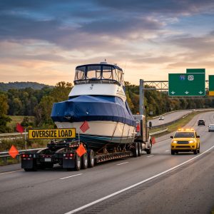 Transportation Boat haul on trailer, highlighting oversize permit planning for a Michigan to Florida boat move