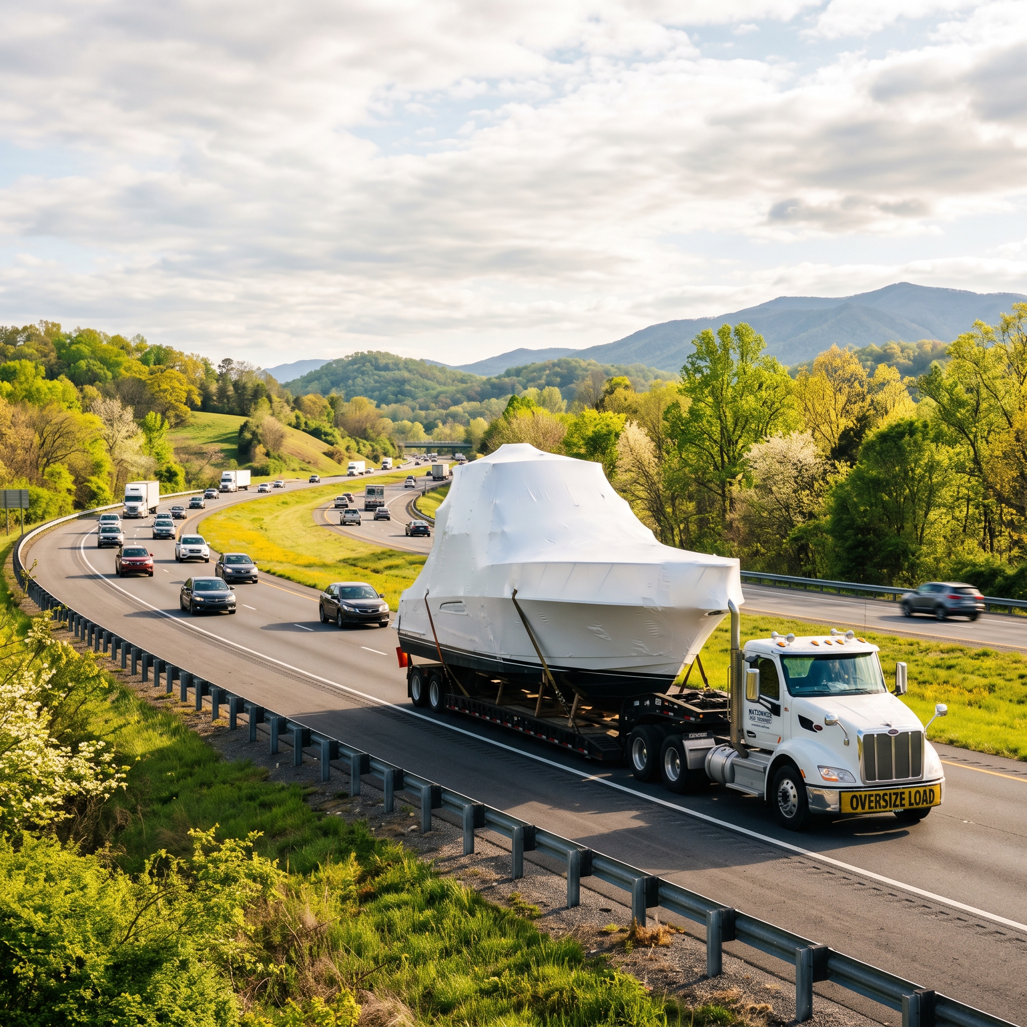 Nationwide Boat Transport truck hauling a yacht on a highway during spring rush, highlighting seasonal boat shipping demand