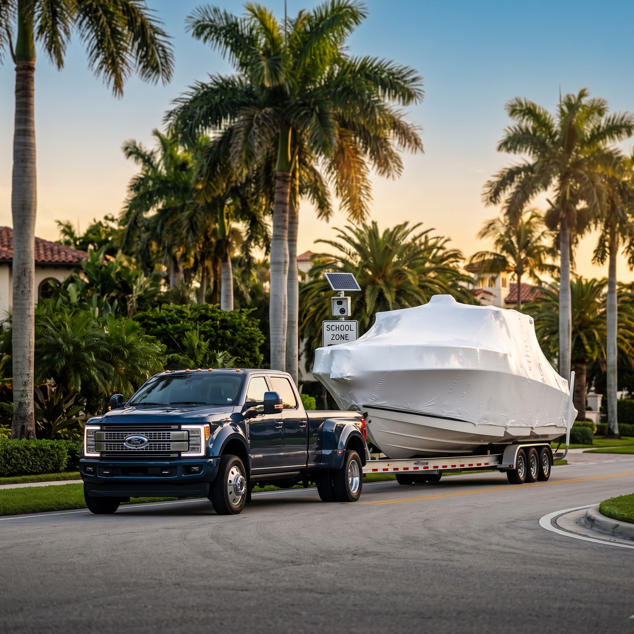 Fast Free Quote for Florida boat transport truck navigating Palm Beach last-mile roads near school zone cameras