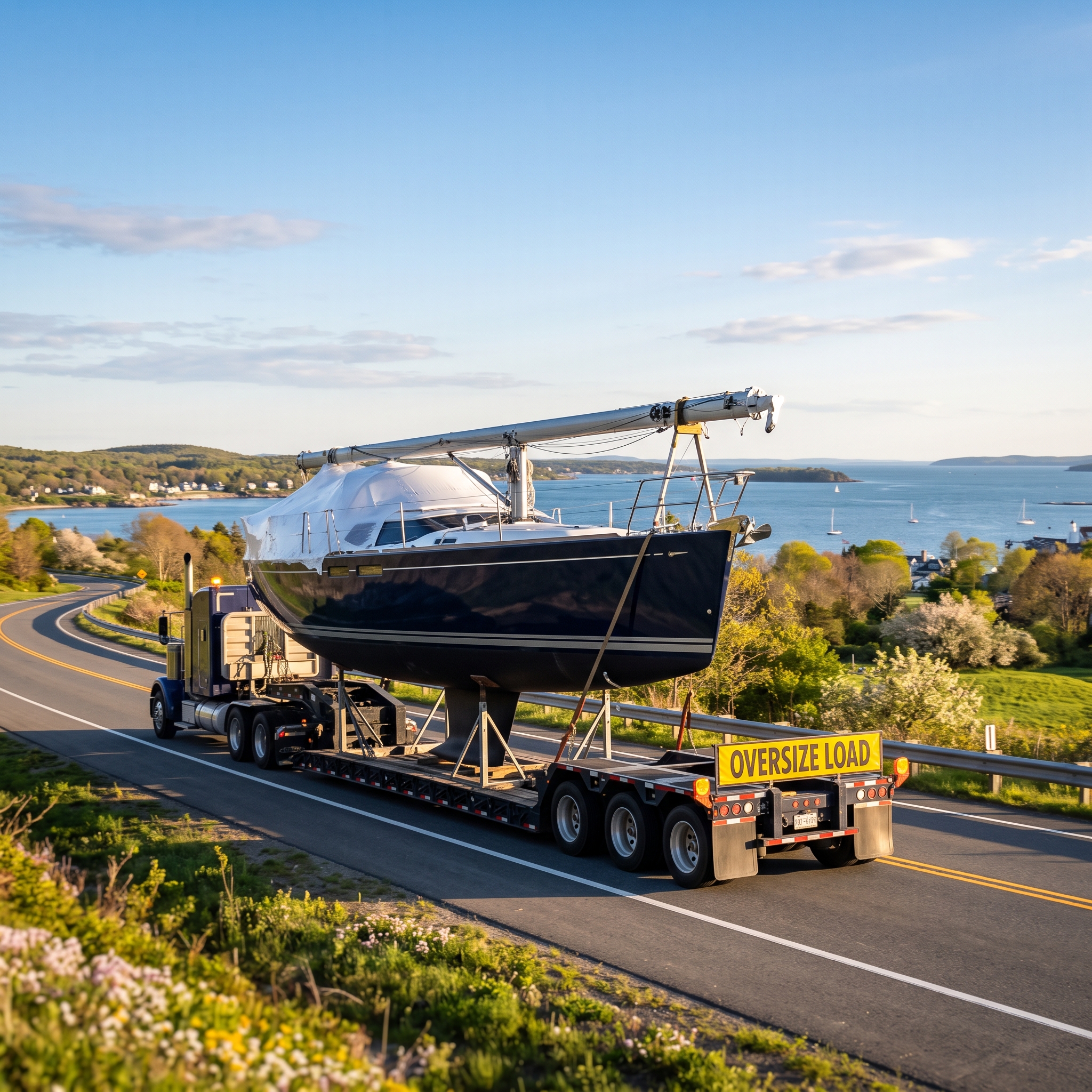 Boat Moving Service truck hauling a yacht on a trailer, highlighting spring boat shipping timing and route planning