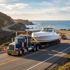 Oversized Boat Shipping truck hauling a wide express cruiser on trailer, highlighting permit and height concerns