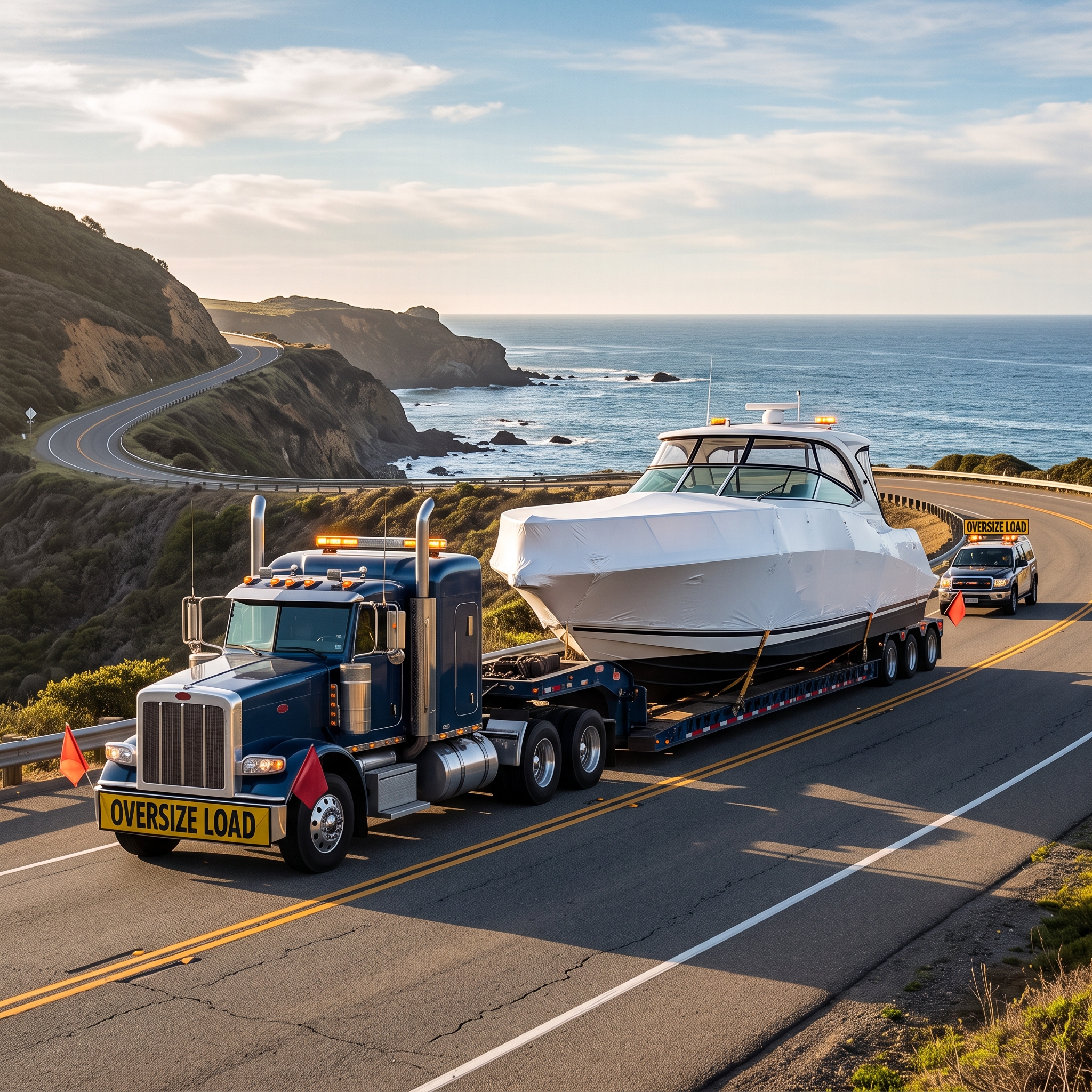 Oversized Boat Shipping truck hauling a wide express cruiser on trailer, highlighting permit and height concerns
