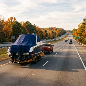 Boat on trailer heading south on highway, illustrating Boat Hauling Rates, fall permits, and Florida delivery timing