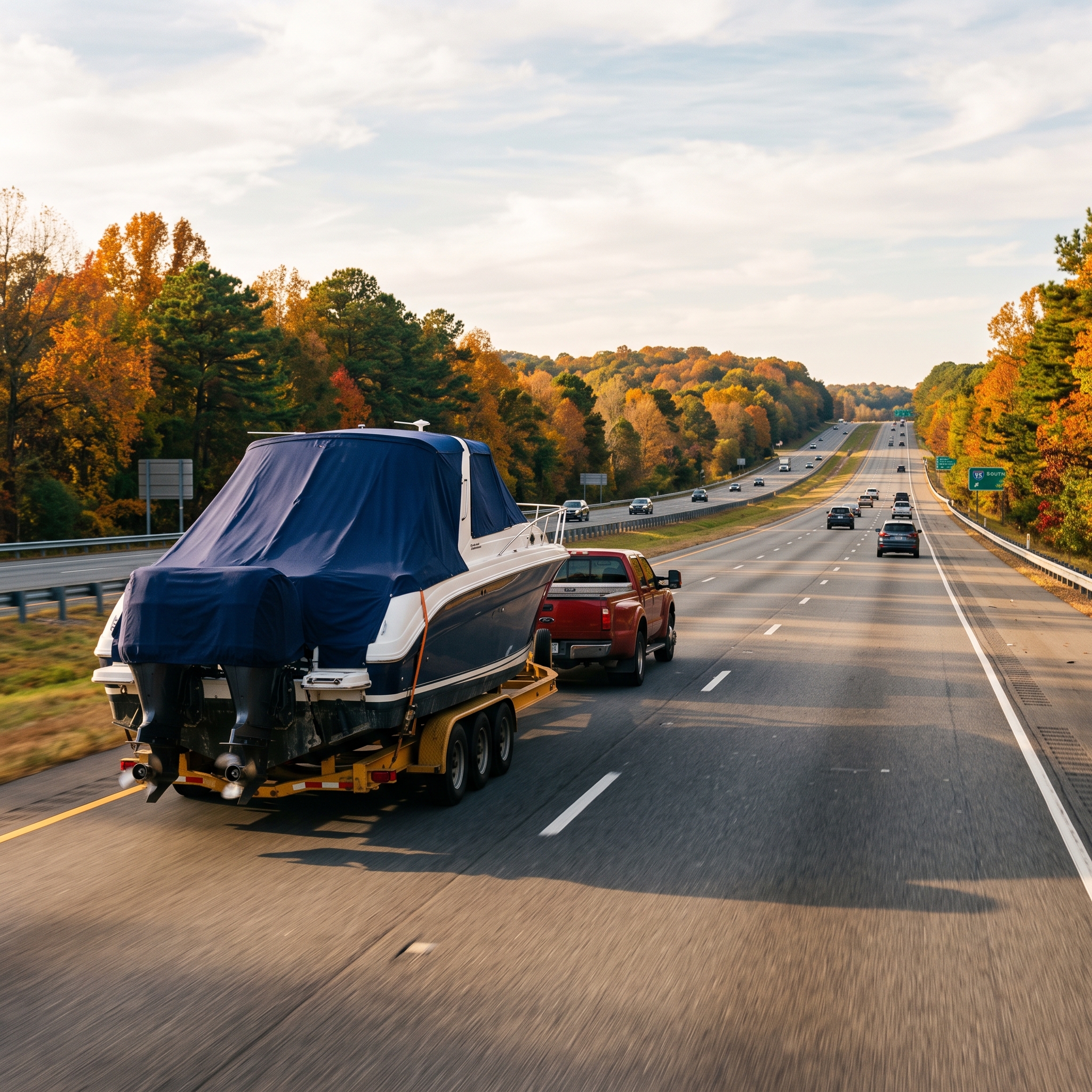 Boat on trailer heading south on highway, illustrating Boat Hauling Rates, fall permits, and Florida delivery timing