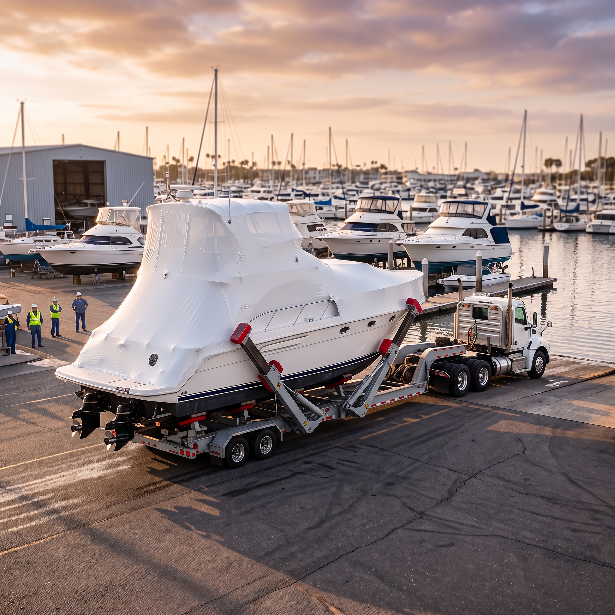 Boat Transport Companies With Hydraulic Trailer hauling a heavy cruiser at a marina with adjustable hull supports