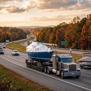 Sailboat Transport truck hauling a sailboat south to Florida as fall demand tightens booking and permit schedules